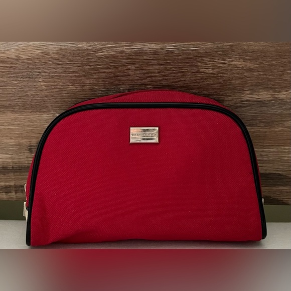 Burberry Authentic Pouch Canvas Case Logo Plate Accessory Nove Check Red EC - Picture 1 of 7